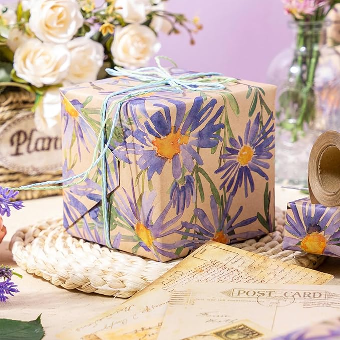 RUSPEPA Purple Daisy Floral Wrapping Paper, Watercolor Flower Kraft Paper - Image 3