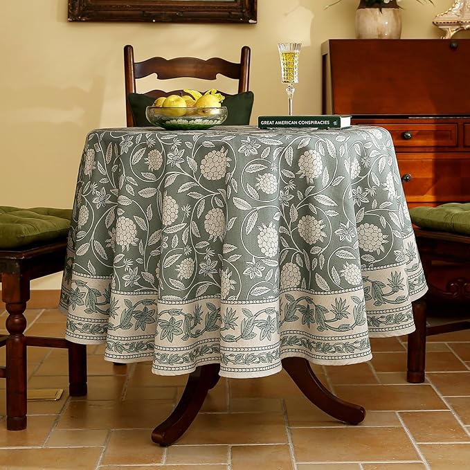 ISAENNE Designer Grayish Green Linen Small Round Tablecloth, Floral Stain - Image 2