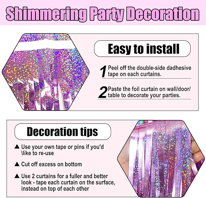 6 Pack Pink Foil Fringe Curtain Backdrop, 3.28Ft x 8.2Ft Metallic Tinsel Foil - Image 3