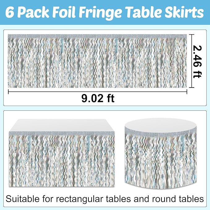 6 Pack 29x108 Inch Silver Wave Foil Fringe Table Skirts Metallic Banner - Image 2