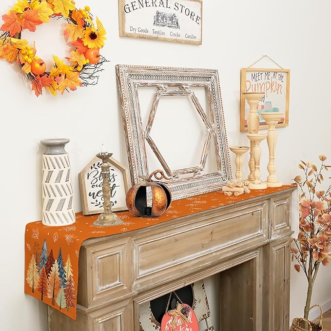 GEEORY Fall Watercolor Tree & Maple Leaves Table Runner 13x36 Inch, Rustic - Image 5