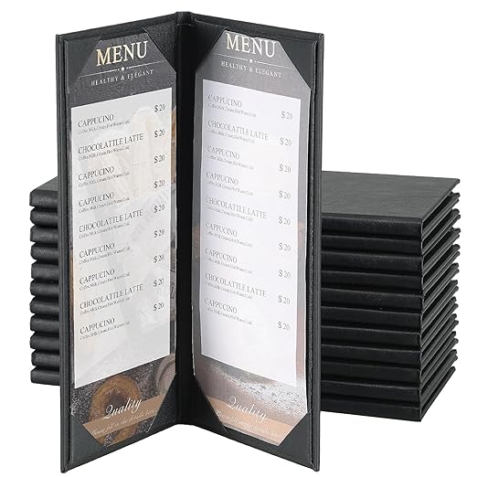 12 Pack 2 View Menu Holder Menu Covers 4.25" x 11" | Black Leather Menu Sleeves by AMGSH