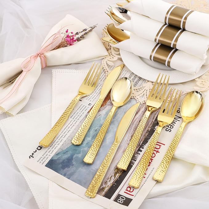 Supernal Set of 60 Wrapped Plastic Silverware Gold Pre Rolled Silverware Set - Image 3