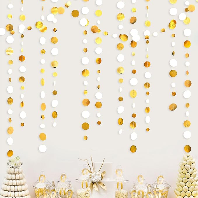 46 Feet White and Gold Circle Dots Garland Hanging Paper Polka Dots Streamer by pinkblume