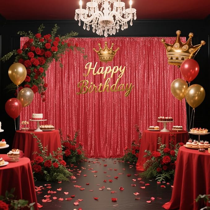 Red Sequin Backdrop Curtain 2 Pieces 2FTx8FT Glitter Photography Backdrop - Image 2