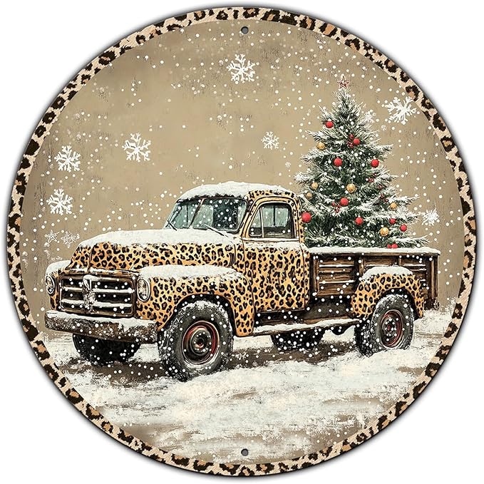 Round Leopard Truck Metal Tin Sign Rustic Wall Decor Christmas Wreath Sign by GJXFTPTTBD