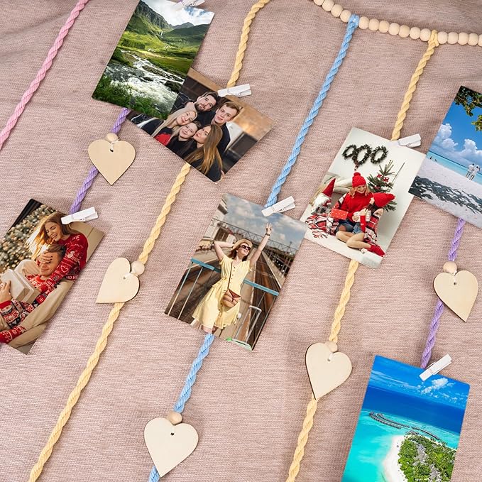 Boho Macrame Wall Decor with Hanging Photo Display and Fairy Lights 14 Wood - Image 4