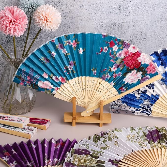 durony 12 Pieces Floral Folding Fans Silk Bamboo Handheld Fans Vintage Handheld - Image 4