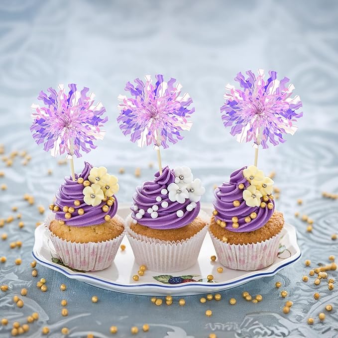 Ephlyn 30Pcs Foil Firework Cupcake Toppers Sparkle Tinsel Cupcake Picks Happy - Image 7