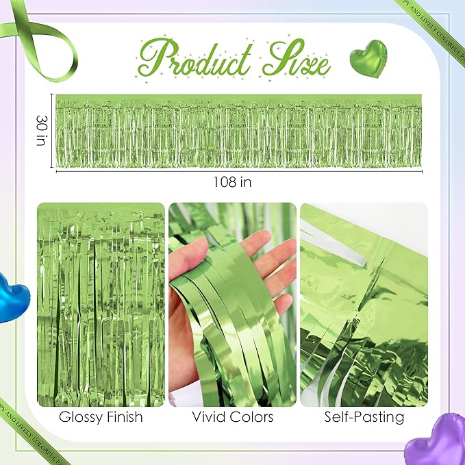 3 Pack Blue Green Purple Table Skirts, 29x108" Metallic Foil Tinsel Fringe - Image 3