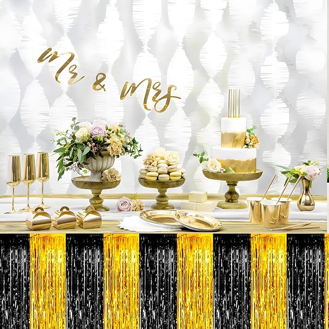 3 Pack 29x108 Inch Black Gold Foil Fringe Table Skirts Metallic Banner - Image 6