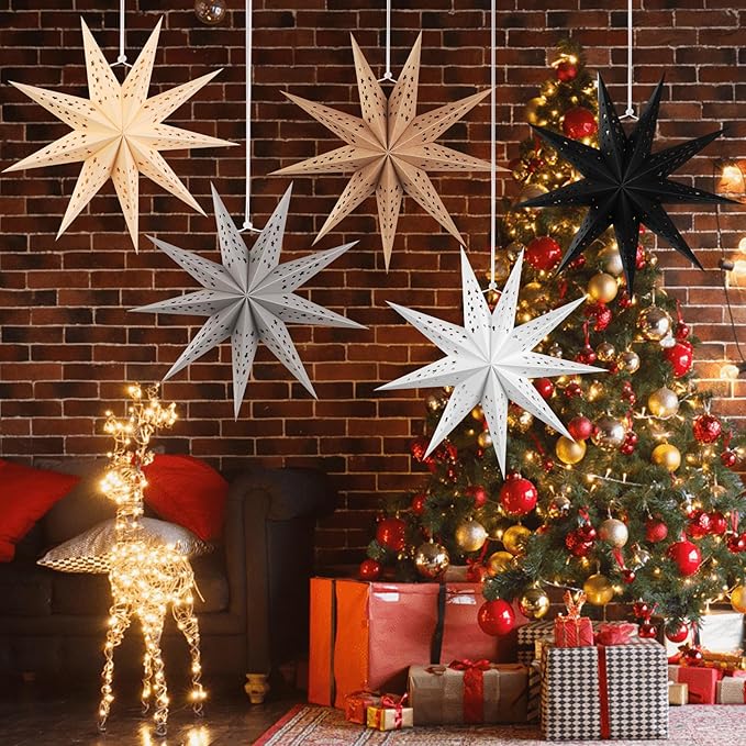 EASY JOY 5pcs 9-Pointed Paper Star Decoration Christmas Party Decorations - Image 5