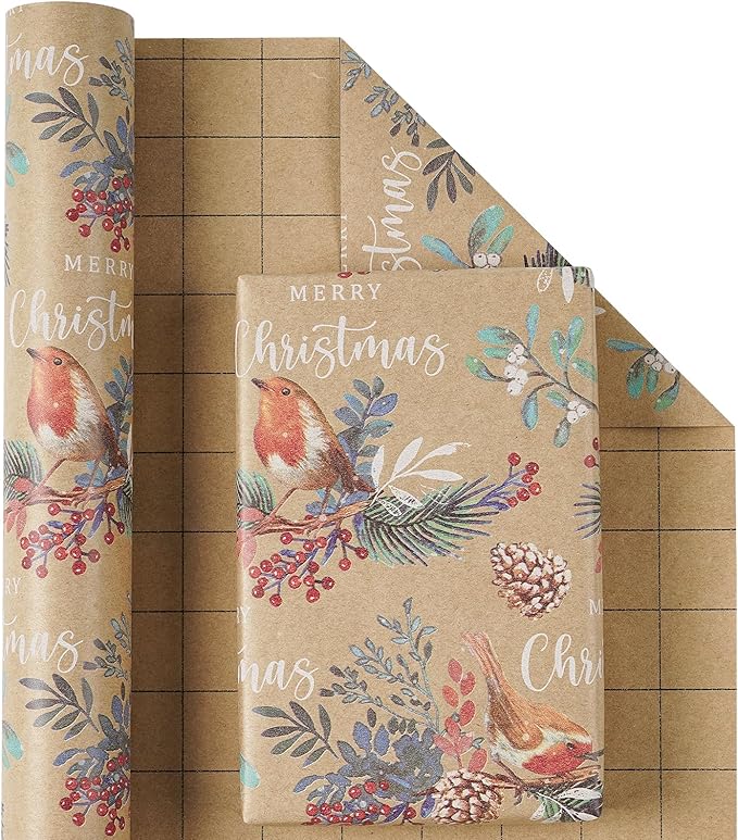 RUSPEPA Kraft Christmas Wrapping Paper Roll, Mini Roll, Vintage Bird on Pine - Image 2