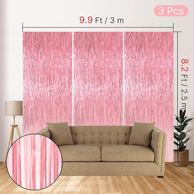 PartyWoo Pink Streamers Foil Fringe Curtain Backdrop 3Pcs 8.2ft Pastel Baby - Image 4