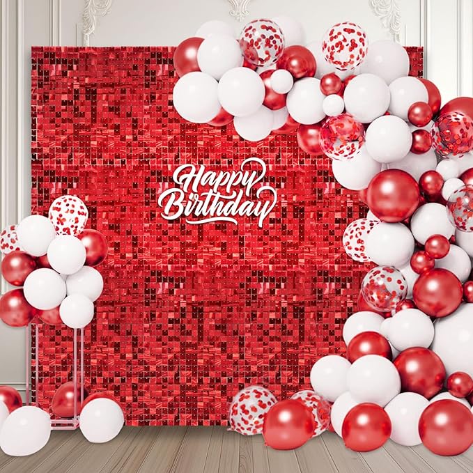 12PCS Red Shimmer Wall Backdrop, Laser Square Sequin Photo Backdrops Panel by ZEBMOON