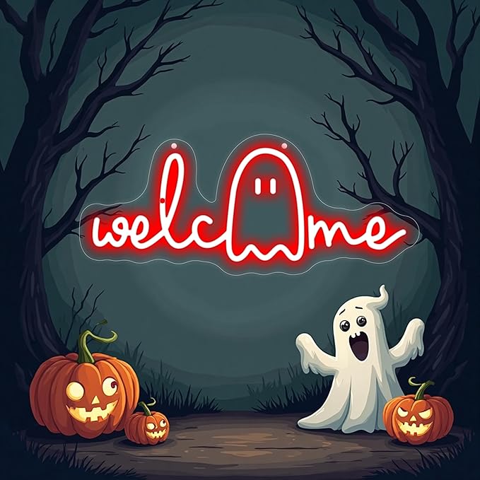 Halloween Welcome Ghouls Neon Sign, Spooky Ghost LED Halloween Decor, Haunted - Image 2