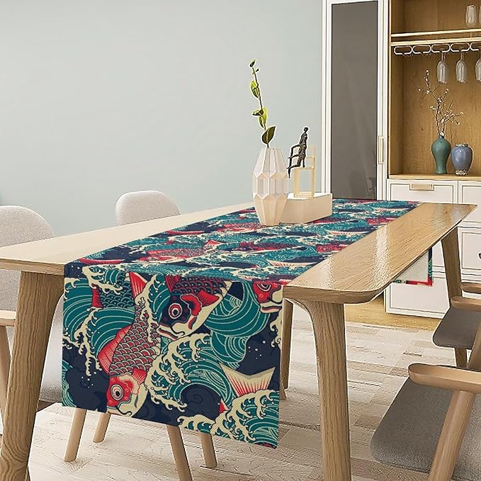 Kio Fish Table Runner Waves Japanese Tradition Art Printed Burlap Runner Home - Image 5