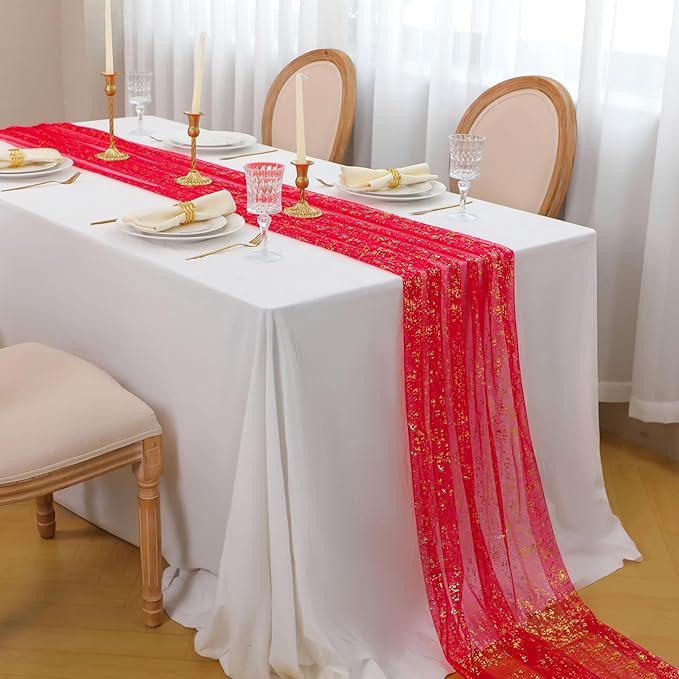 Snowkingdom 10FT Red Gold Table Runner, Sequin Glitter Sheer Chiffon Gauze - Image 5