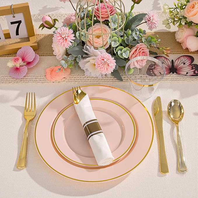 SUT 175 Pcs Pink and Gold Plastic Dinnerware Set - Image 4