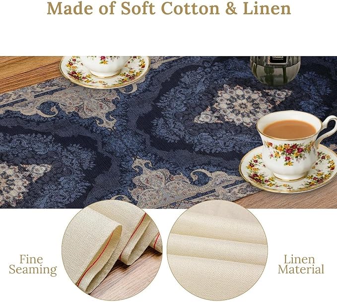 Vintage Boho Floral Table Runner, Rustic Country Farmhouse Dark Blue Grey Retro - Image 6