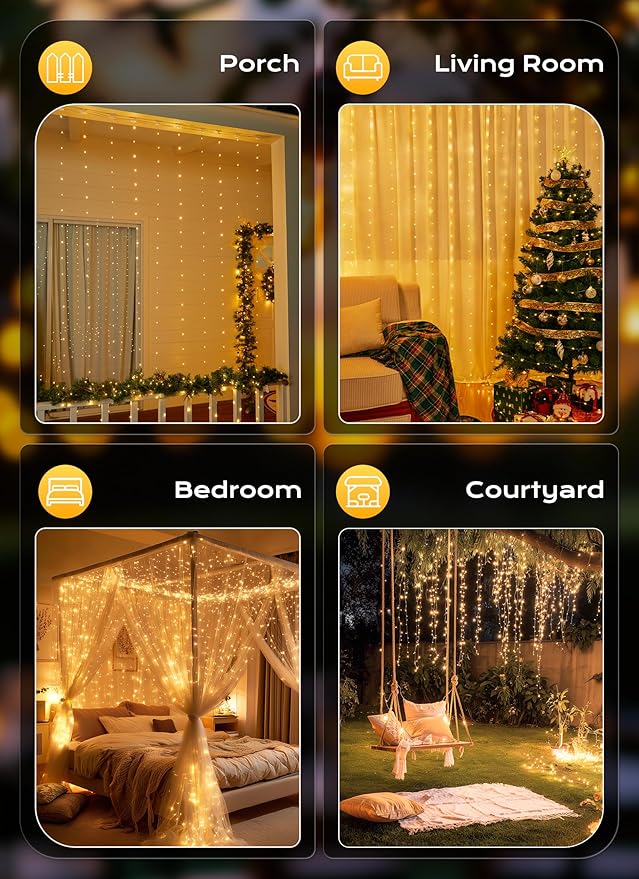 Brightown 2 Pack 300 LED Fairy Curtain Lights, 9.8ft x 9.8ft Warm White Curtain - Image 7