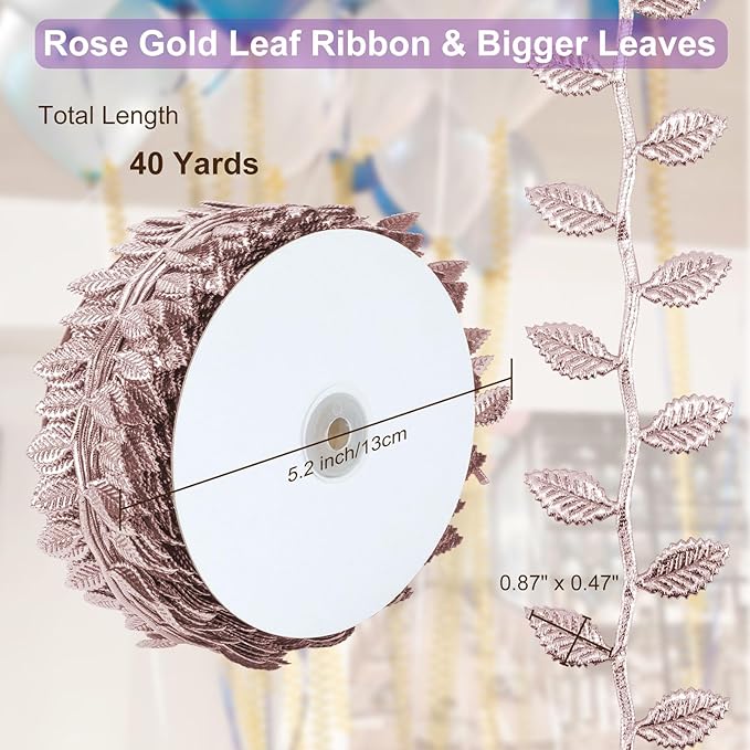 Naidiler Rose Gold Leaf Ribbon, Artificial Vines Leaves String Trim Ribbon Wild - Image 4
