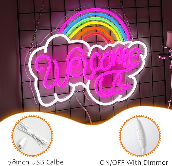LISIGNVE Rainbow Welcome Neon Sign Cloud Light Up Sign Welcome Led Sign Rainbow - Image 2