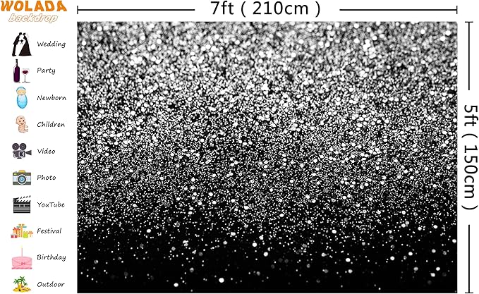 WOLADA Black and Silver Backdrop Silver Glitter Backdrop - Image 4