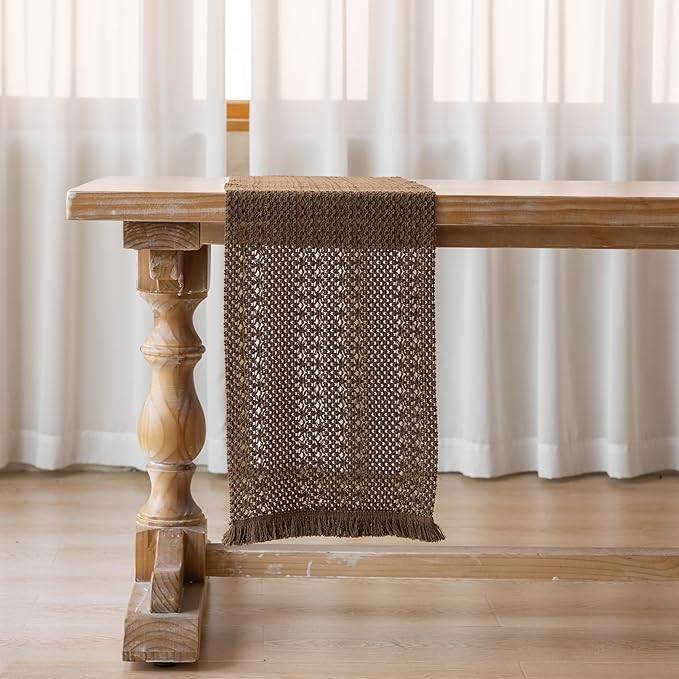 Boho Brown Table Runner for Home Decor 12x48 Inches Farmhouse Macrame Burlap - Image 6