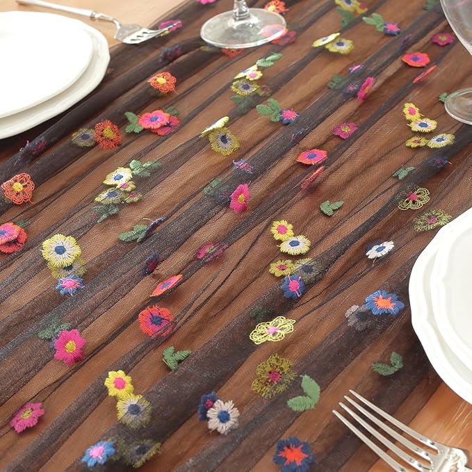 Black Embroidery Daisy Fall Table Runner 120Inch 10FT Florals Soft Sheer Tulle - Image 8