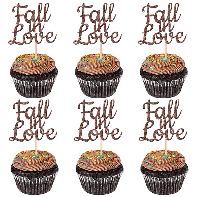 24 PCS Fall in Love Cupcake Toppers Glitter Fall Theme Party Cupcake Picks by ZHUOWEISM