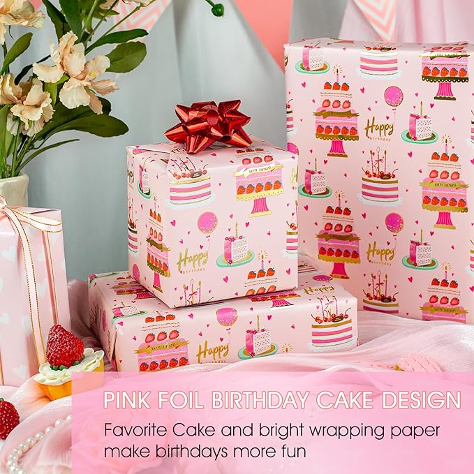 Yarcony Girls Birthday Wrapping Paper Roll, Metallic Foil Pink Cartoon-Style - Image 2