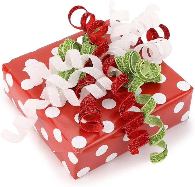 6" Metallic Glitter Red and Lime Green Self Adhesive Curly Ribbon Gift Wrap Bows - Image 6