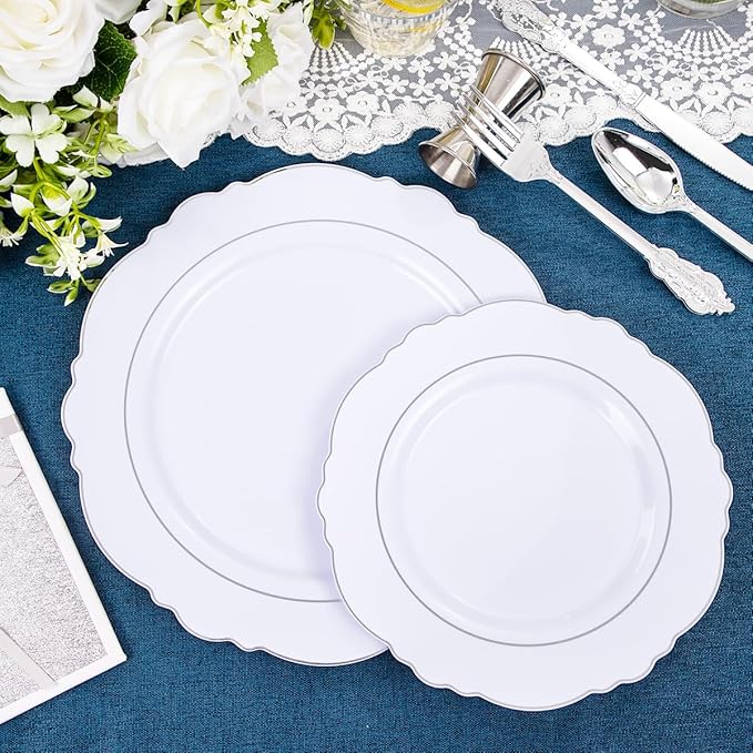 Liacere 350PCS Silver Plastic Plates-Disposable White and Silver Plates 50guest - Image 6