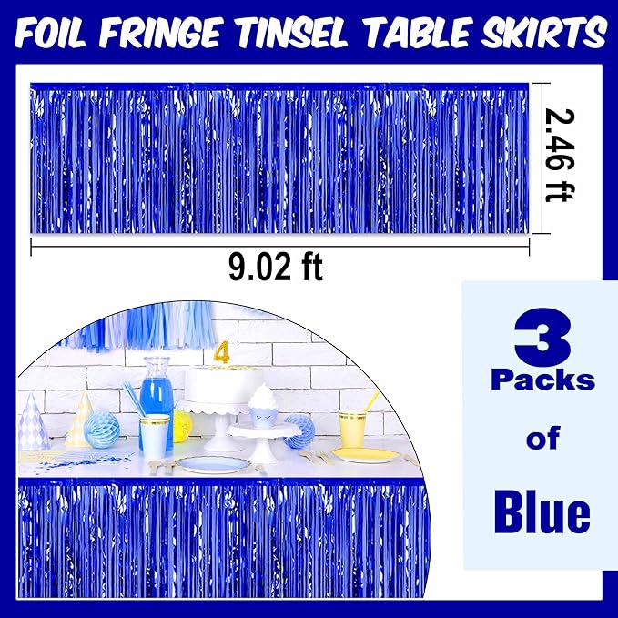 3 Pack 29 x108 Inch Blue Foil Fringe Table Skirts Metallic Banner - Image 3