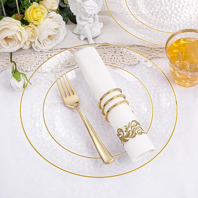 Rubtlamp 350 Pcs Clear Gold Plastic Plates, Hammered Disposable Dinnerware - Image 2
