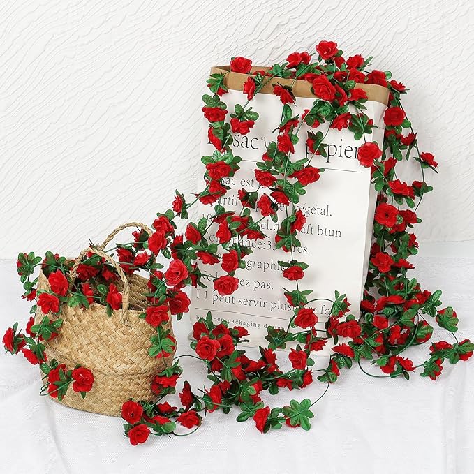 KHOYIME 9 Pack 72 FT Artificial Flower Garland, Fake Red Roses Vines Silk - Image 7