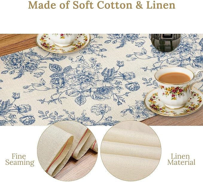 Floral Table Runner, Retro Blue Flower Chinoiserie Sketch Pattern Print Table - Image 4
