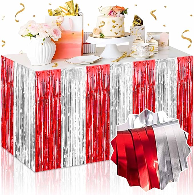 3 Pack Red and Silver Foil Fringe Table Skirts Metallic Tinsel Streamers by LANTIANCHEN