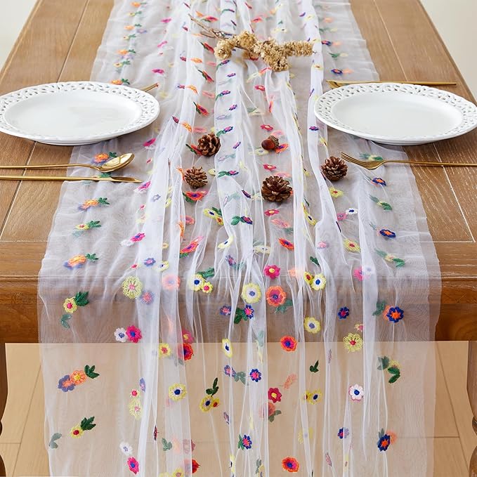 JIALE Ivory Floral Table Runner, Embroidery Daisy Seasonal Table Decorations - Image 4