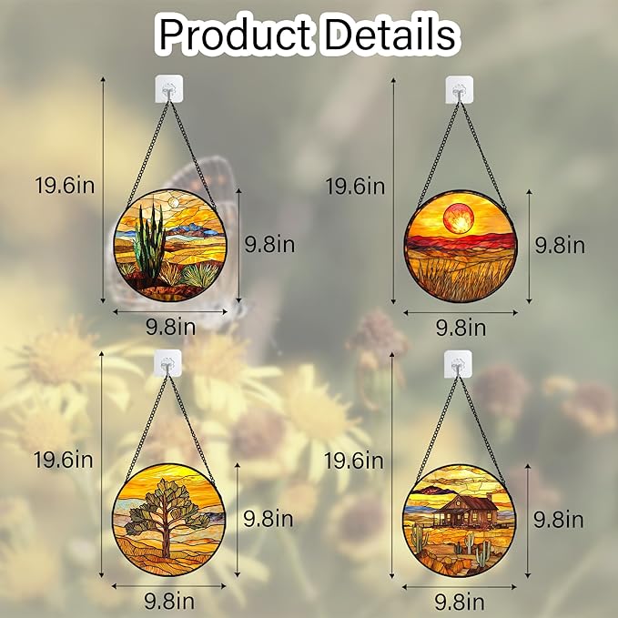 Stained Glass Window Hanging 4 Pcs Set Desert Sunset Theme Landscape 9.8" - Image 6