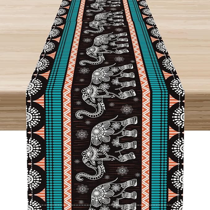 Boho Elephant Table Runner, Vintage Tribal Traditional Bohemian African Animals by Unknown