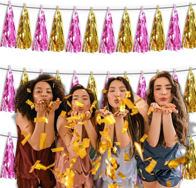 3P Gold Pink Metallic Fringe Tassel Banner Garland Foil Tinsel Streamer Wall - Image 6