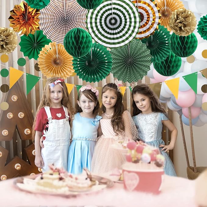 Green and Gold Party Decorations, Pom Poms Flowers, Garland String Polka Dot - Image 7