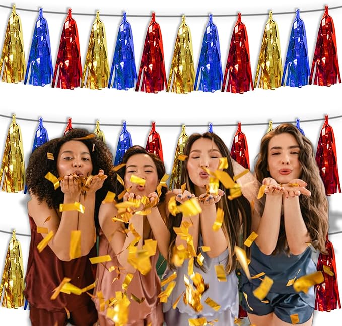 3P Gold Blue Red Foil Fringe Tassel Banner Metallic Tinsel Streamer Garland - Image 6