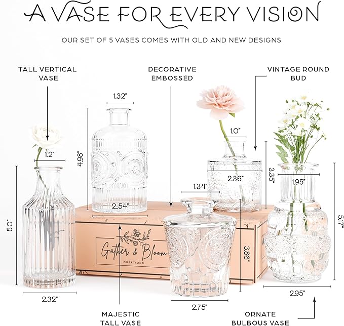 Gather & Bloom Creations 5 Piece Mini Bud Vase Set – Clear Glass Small Vases in - Image 3