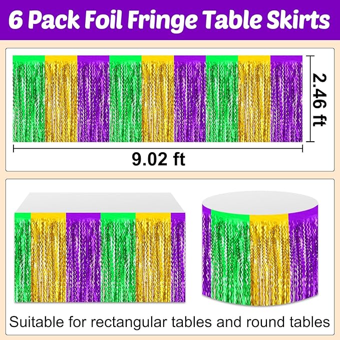 6 Pack 29x108 Inch Gold Green Purple Wave Foil Fringe Table Skirts Metallic - Image 2