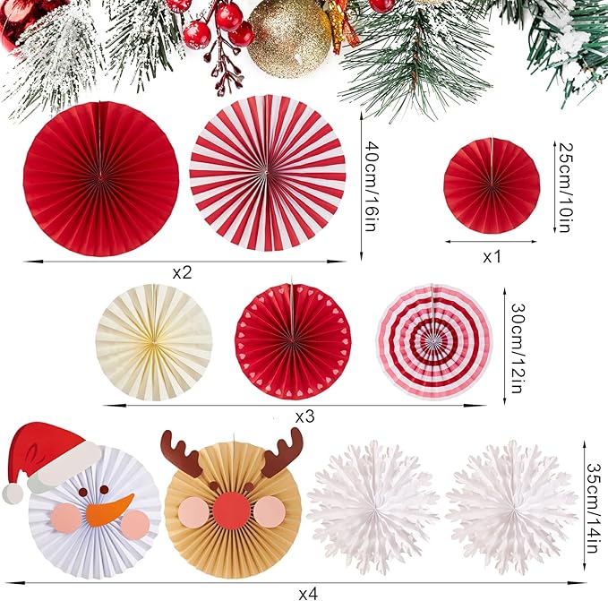 Christmas Hanging Paper Fans Decoration Red White Xmas Snowman Party Ceiling - Image 2