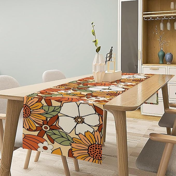 Vintage Floral Table Runner, Boho 70s Style Retro Flower Table Cloth Kitchen - Image 2