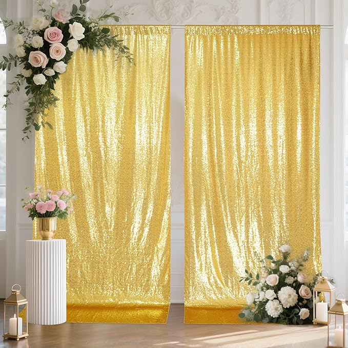 SquarePie Sequin Backdrop Curtain 8FT x 10FT Gold Satin Backing Fabric - Image 7